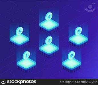 Isometric cloud mining concept. Bitcoin ethereum ripple litecoin dash monero coins in cloud mining chain design. Ultra violet background. Vector 3d isometric illustration.. Isometric cloud mining concept.