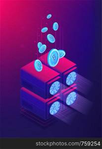Isometric cloud mining concept. Bitcoins encrypted with computer processing units in cloud mining chain design. Ultra violet background. Vector 3d isometric illustration.. Isometric cloud mining concept.