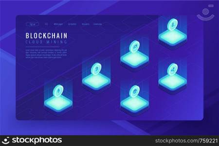 Isometric cloud mining landing page concept. Bitcoin ethereum ripple litecoin dash monero coins in cloud mining chain design. Ultra violet background. Vector 3d isometric illustration.. Isometric cloud mining landing page concept.