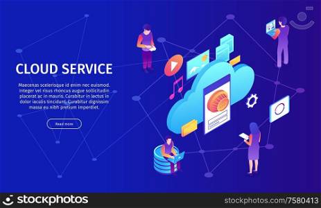 Isometric cloud service horizontal banner with composition of icons and images editable text and clickable button vector illustration