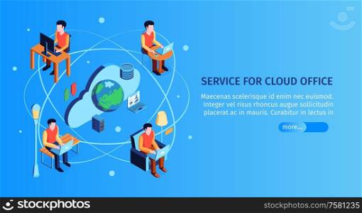Isometric cloud service horizontal banner with text slider button and images of people connected via computers vector illustration