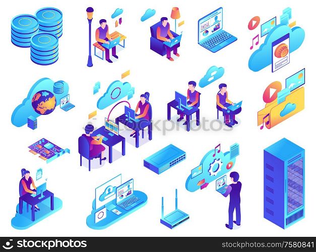 Isometric cloud services set with isolated images of network infrastructure elements with icons pictograms and people vector illustration
