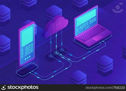 Isometric cloud storage concept. Synchronization backend cloud data storage with laptop, smartphone on ultraviolet background. Data transfer upload-download process. Vector 3d isometric illustration.. Isometric cloud storage concept.