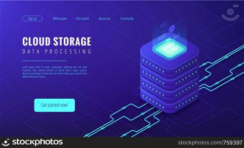 Isometric cloud storage data processing landing page concept. Collection and manipulation, recording, organisation, structuring of data items on blue background. Vector 3d isometric illustration.. Isometric cloud storage landing page concept.
