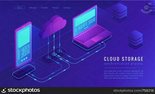 Isometric cloud storage landing page concept. Upload - download synchronization to cloud computing data storage with laptop and smartphone on ultra violet background. Vector 3d isometric illustration.. Isometric cloud storage landing page concept.
