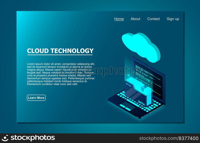 Isometric cloud technology with folder data and laptop. Cloud technology computing concept. Vector illustration