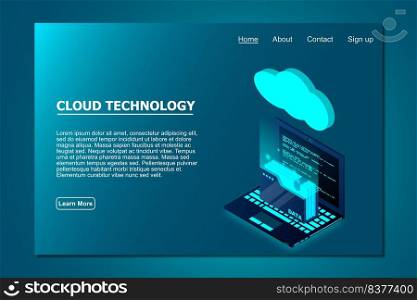 Isometric cloud technology with folder data and laptop. Cloud technology computing concept. Vector illustration