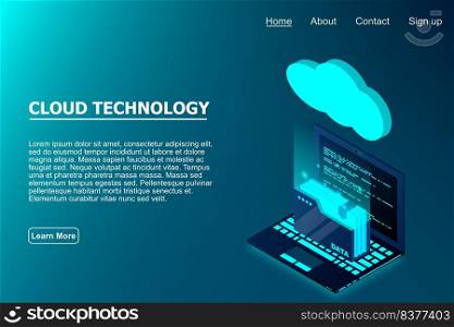 Isometric cloud technology with folder data and laptop. Cloud technology computing concept. Vector illustration
