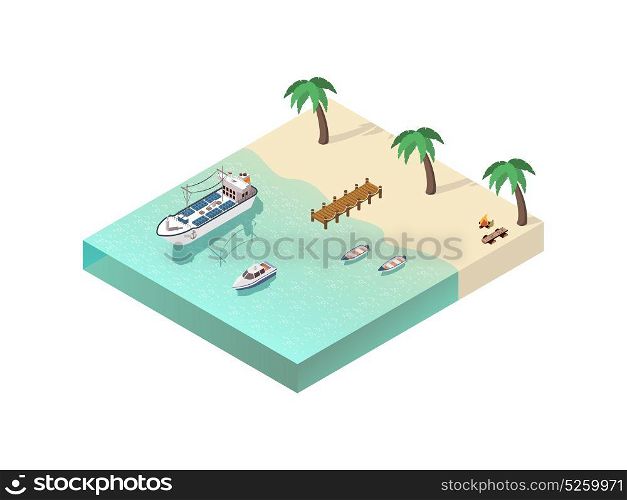 Isometric Coastal Line Composition. Ships isometric composition with tropical beach scenery campfire palms light wooden boats cutter and cargo ship vector illustration