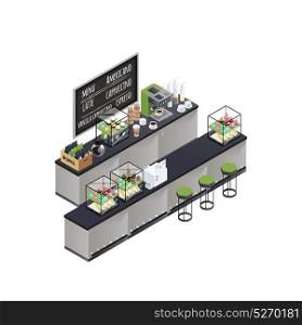 Isometric Coffee Bar Composition. Coffee bar stand isometric composition with coffee brewer black board cups varieties box and sweet cakes vector illustration