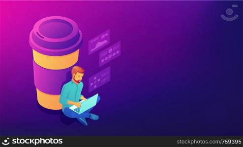 Isometric coffee break concept. Blockchain developer sitting near big coffee cup with chat bubbles above. Labour productivity, office life vector 3D isometric illustration on ultraviolet background.. Isometric coffee break concept.