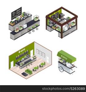Isometric Coffee Shops Set. Isometric coffee shop isolated indoor interior compositions set with coffee house room mobile cafe street cart vector illustration
