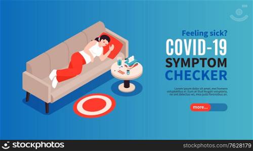Isometric cold flu coronavirus symptom checker horizontal banner with text more button and sick person character vector illustration