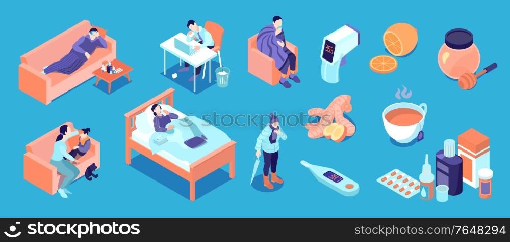 Isometric cold flu virus color icon set with person is sick and lies in bed or couch high temperature thermometer medicines home remedies for common illnesses vector illustration