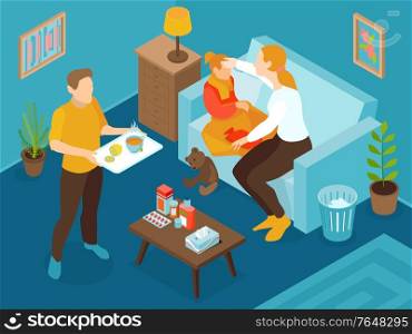 Isometric cold flu virus composition with child has the flu and his parents are helping to heal vector illustration