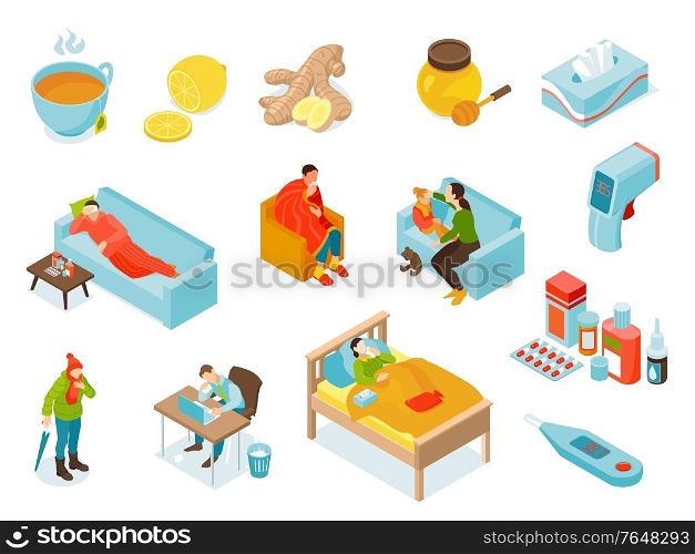 Isometric cold flu virus icon set with sick people thermometers sick child cold treatment vector illustration