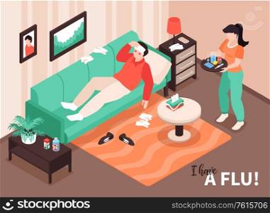 Isometric cold flu virus sick composition with home interior scenery and patient on sofa having temperature vector illustration
