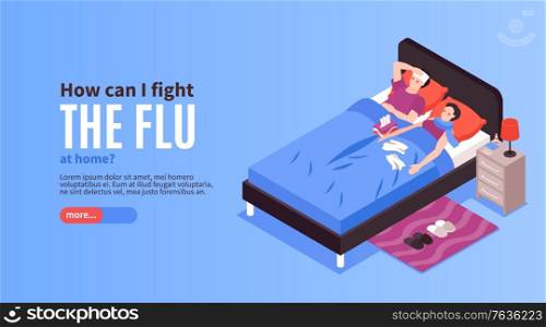 Isometric cold flu virus sick horizontal banner with characters of couple in bed having high temperature vector illustration