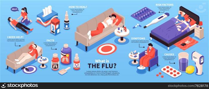 Isometric cold flu virus sick infographics with characters of patients with thermometer drugs pills and text vector illustration