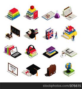 Isometric college education icon. School blackboard, university students admission briefcase and professor glasses, science chemistry and maths student. Books laptop case isolated icons vector set. Isometric college education icon. School blackboard, students briefcase and professor glasses. Books icons vector set