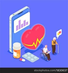 Isometric color composition with elderly people and mobile app for health monitoring vector illustration. Elderly People Healthcare Isometric App