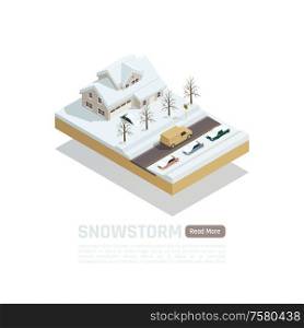 Isometric colored natural disaster composition with snowstorm and snow covered roads and houses vector illustration