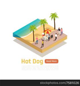 Isometric colored street carts trucks composition with trailer on wheels on the beach vector illustration