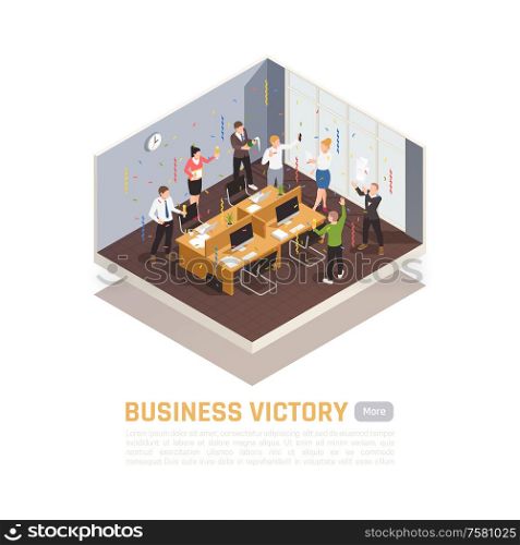 Isometric colored winner concept with business victory headline and isolated meeting room