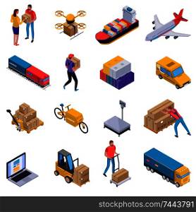 Isometric colorful set of icons with delivery transport loaders and couriers at work isolated on white background 3d vector illustration. Isometric Delivery Set