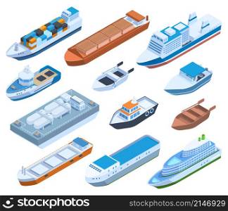Isometric commercial sea ships, yacht, barge, cruise and sailing boats. Passenger, cargo sea ship, yacht and boat ship vector illustration. Water transportation isometric ship, transportation shipment. Isometric commercial sea ships, yacht, barge, cruise and sailing boats. Passenger, cargo sea ships, yacht and boat ship vector illustration set. Water transportation