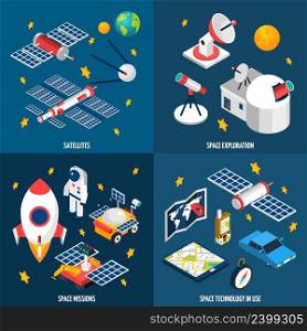 Isometric composition abot space exploration with different equipment with dark background vector illustration. Space Exploration Isometric