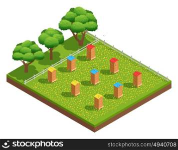 Isometric Composition Of Beekeeping Apiary. Beekeeping apiary with wooden hives on grass with flowers near trees isometric composition vector illustration