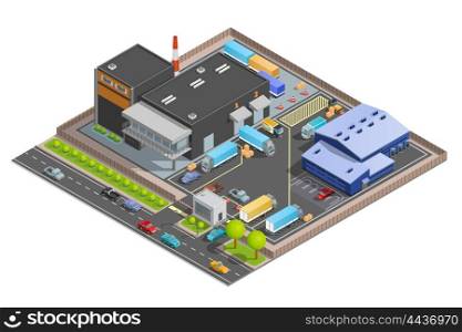 Isometric Composition OF Warehouse. Guarded with checkpoint cargo terminal for trucks office building and parking warehouse composition isometric vector illustration