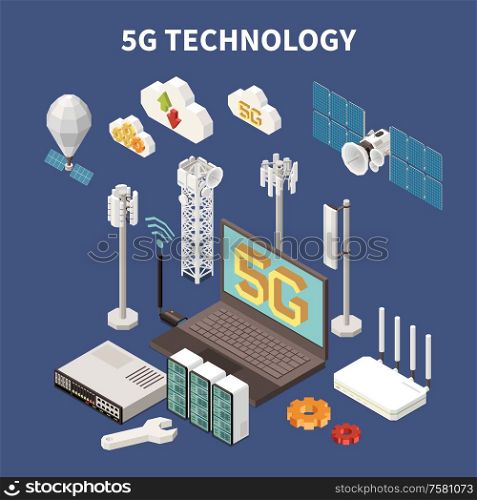 Isometric composition with 5g internet technology equipment and devices 3d vector illustration