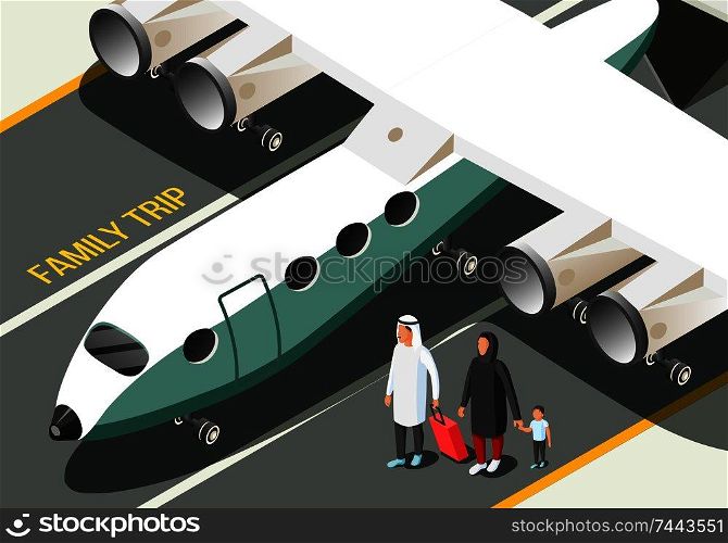 Isometric composition with arabic family near airplane 3d vector illustration. Arabic Family Composition