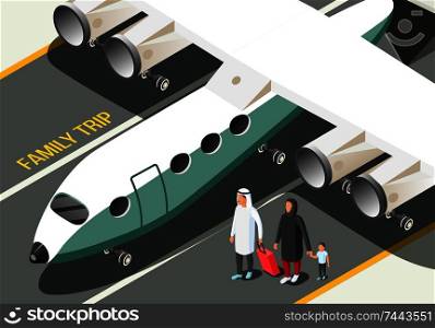 Isometric composition with arabic family near airplane 3d vector illustration. Arabic Family Composition