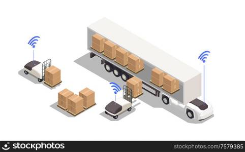 Isometric composition with automated forklifts loading cardboard boxes into truck on white background 3d vector illustration
