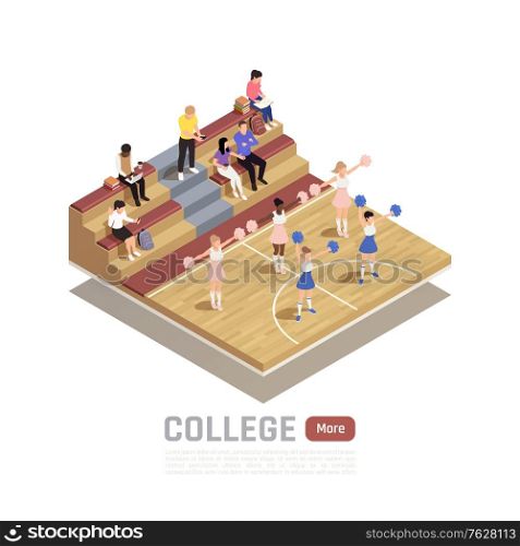 Isometric composition with college cheerleading squad dancing in gym 3d vector illustration