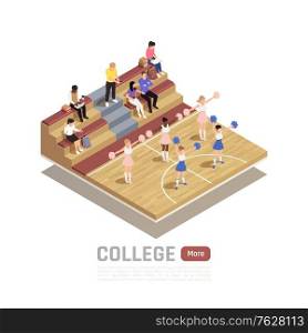 Isometric composition with college cheerleading squad dancing in gym 3d vector illustration