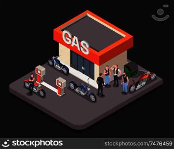 Isometric composition with colorful motorbikes and group of male bikers standing near gas station on black background 3d vector illustration