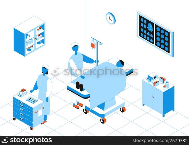 Isometric composition with doctors and patient after operation 3d vector illustration