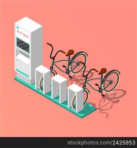 Isometric composition with electronic bicycle renting station on pink background 3d vector illustration. Bicycle Isometric Composition