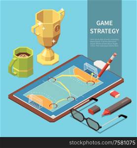 Isometric composition with game strategy drawn on paper with sport field 3d vector illustration