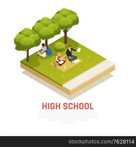 Isometric composition with high school students sitting on lawn reading books outdoors 3d vector illustration