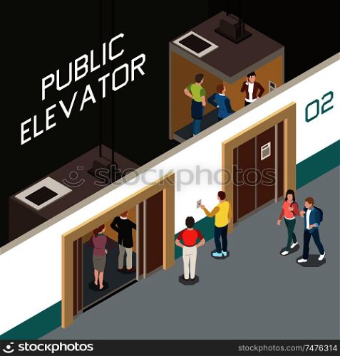 Isometric composition with lift shaft and people using public elevator 3d vector illustration