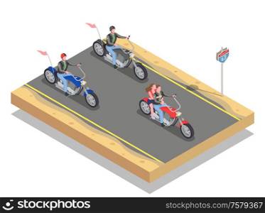 Isometric composition with male and female bikers riding colorful motorcycles 3d vector illustration