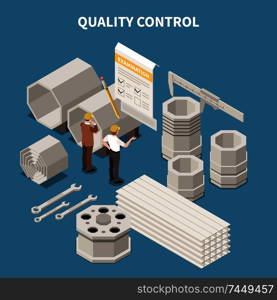 Isometric composition with metal industry products and workers doing quality control 3d vector illustration