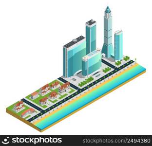 Isometric composition with modern skyscrapers many-storeyed and suburban houses on sea coast vector illustration. Isometric Skyscrapers And Suburban Houses Composition