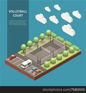 Isometric composition with outdoor volleyball sport field and parking zone 3d vector illustration