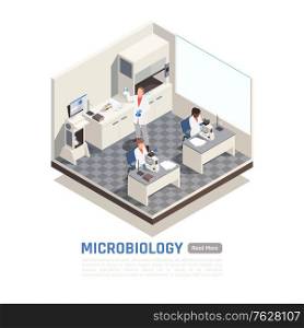 Isometric composition with scientists working in microbiology laboratory 3d vector illustration